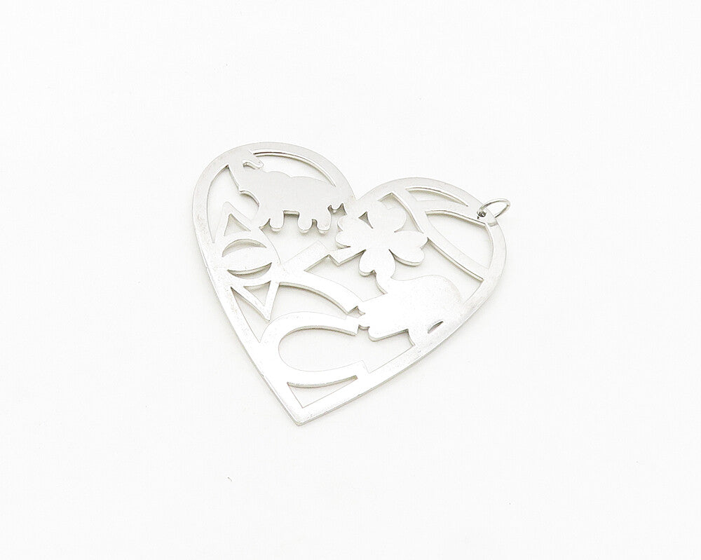 925 Sterling Silver  Vintage Shiny Good Luck Cutout Heart Pendant  PT14407