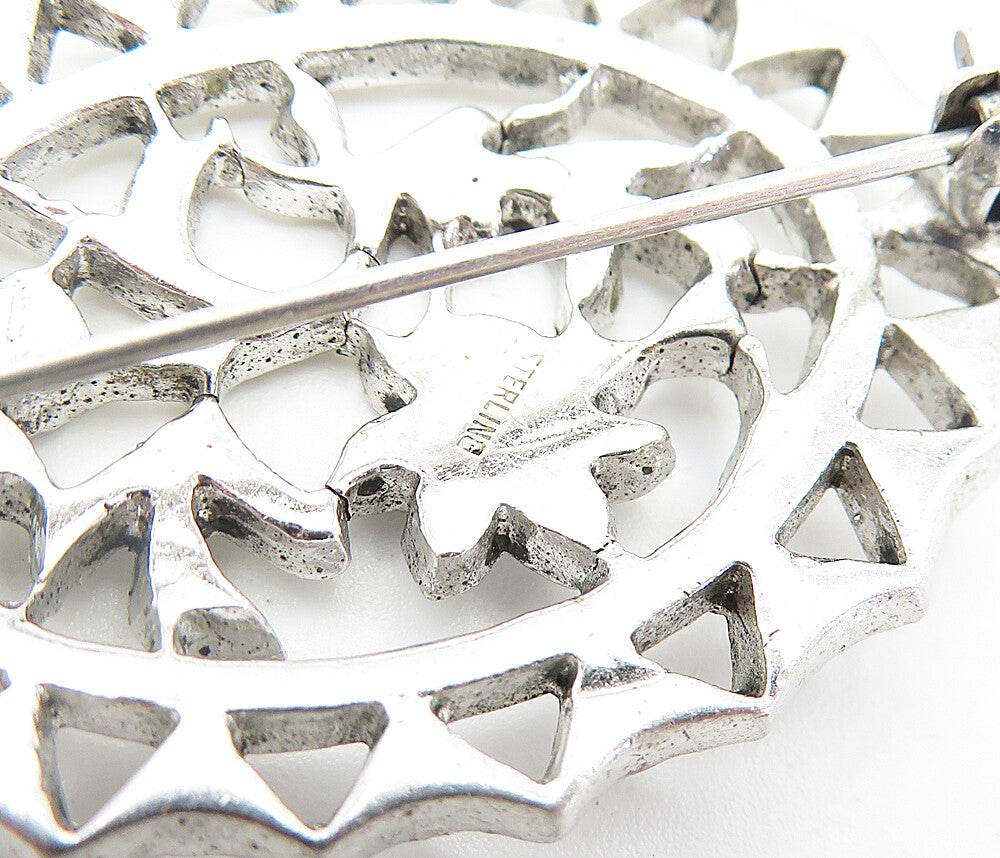 925 Sterling Silver  Vintage Sparkling Floral Designed Oval Brooch Pin  BP2199