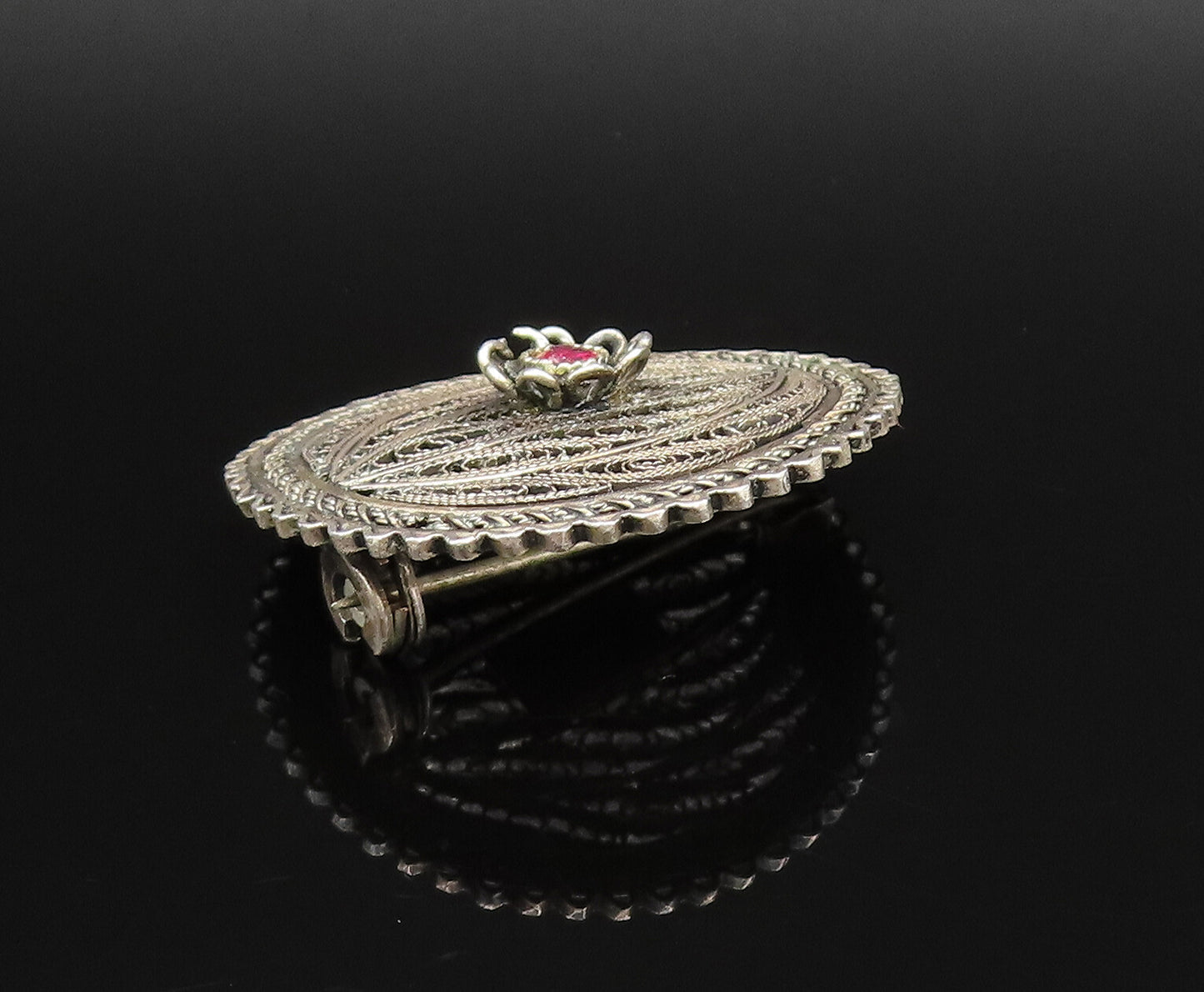ISRAEL 925 Silver  Vintage Filigree Floral Tourmaline Brooch Pin  BP9883