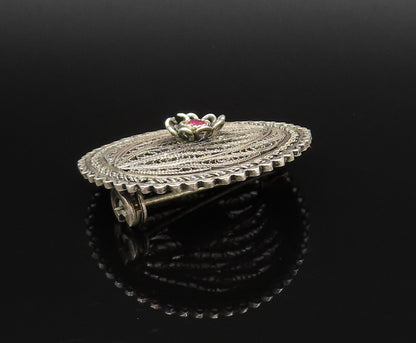 ISRAEL 925 Silver  Vintage Filigree Floral Tourmaline Brooch Pin  BP9883