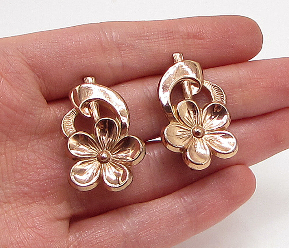 Rose Gold Over 925 Silver  Vintage Floral Non Pierced Screwback Earrings EG1983