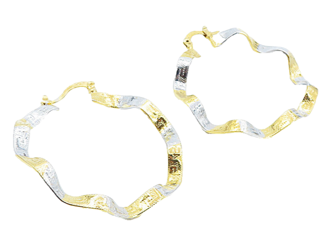 925 Sterling Silver  Shiny Two Tone Greek Key Pattern Hoop Earrings  EG4329