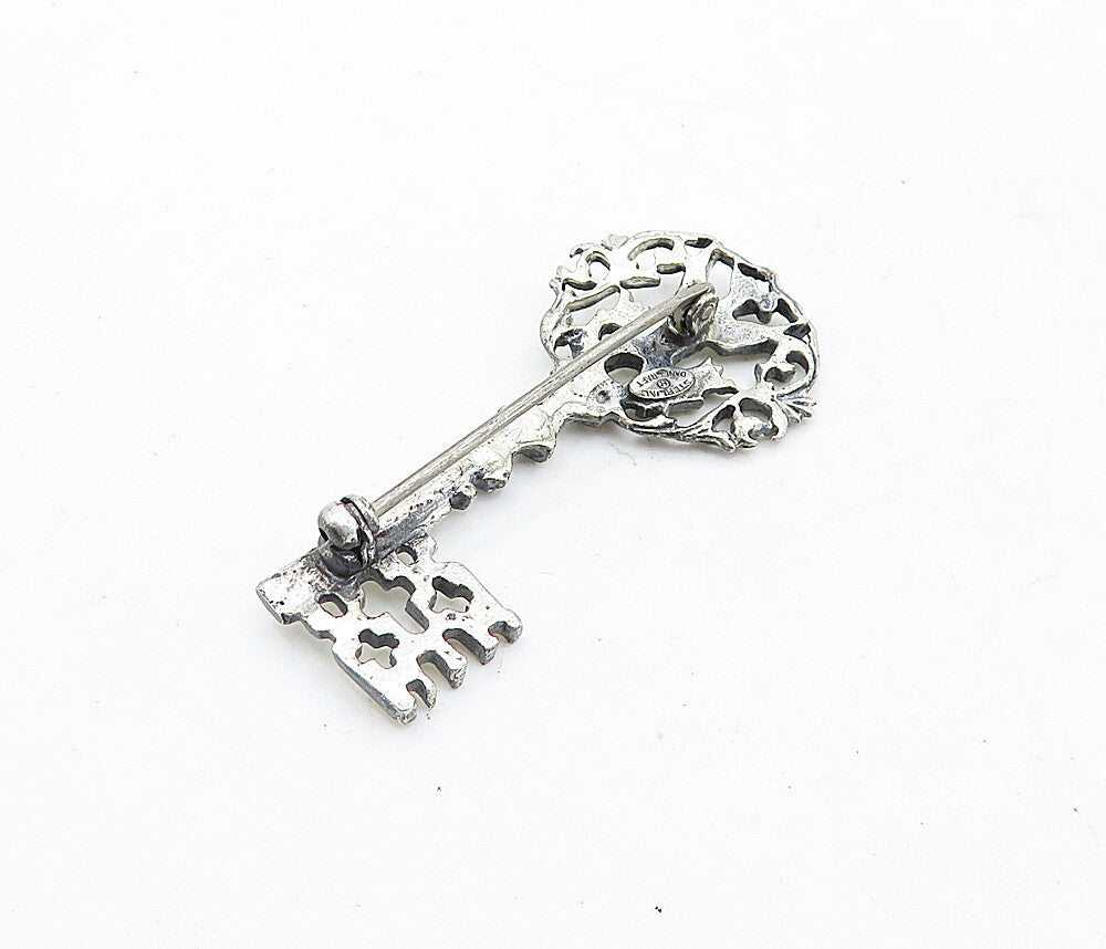 DANECRAFT 925 Sterling Silver  Vintage Floral Bird Key Motif Brooch Pin BP2052