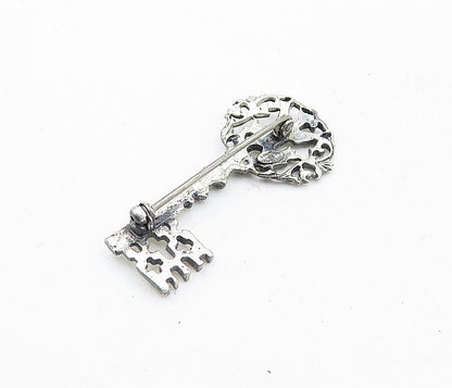 DANECRAFT 925 Sterling Silver  Vintage Floral Bird Key Motif Brooch Pin BP2052