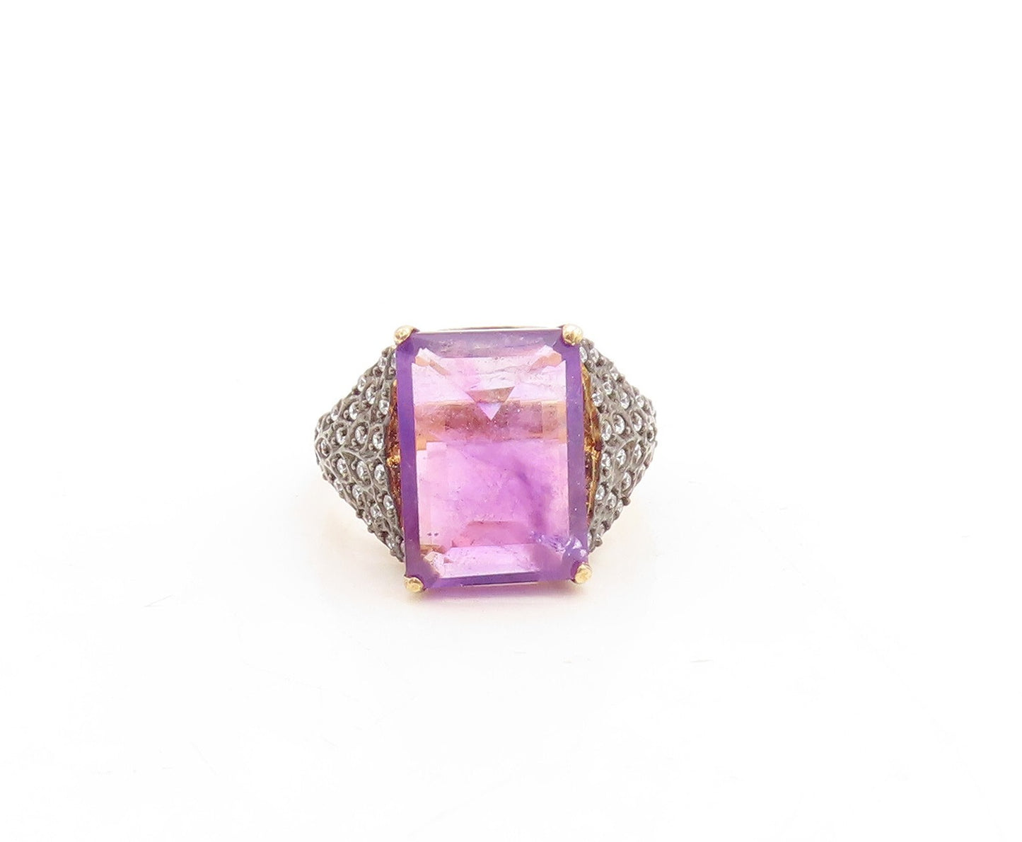 925 Sterling Silver Vintage Ring Gold Plated Amethyst & CZ Inlay  Sz 7  RG31213