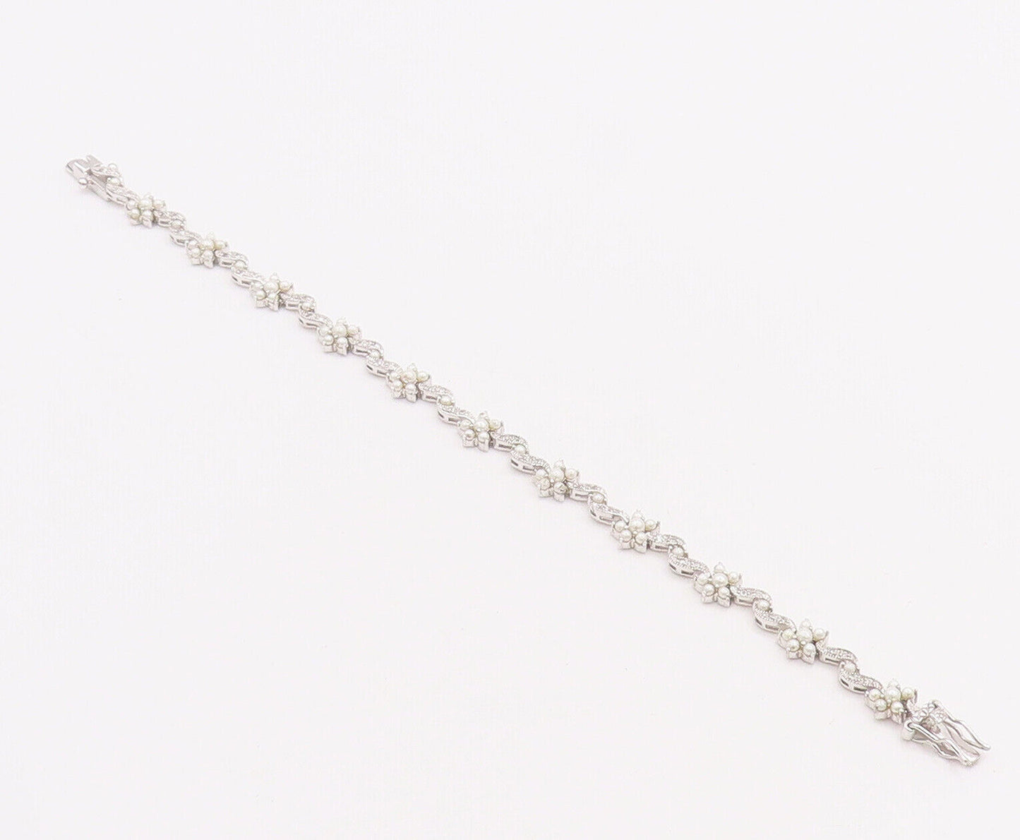 925 Sterling Silver Vintage Bracelet Cutout Pearls & CZ Inlay Flowers  BT10634