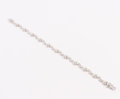 925 Sterling Silver Vintage Bracelet Cutout Pearls & CZ Inlay Flowers  BT10634