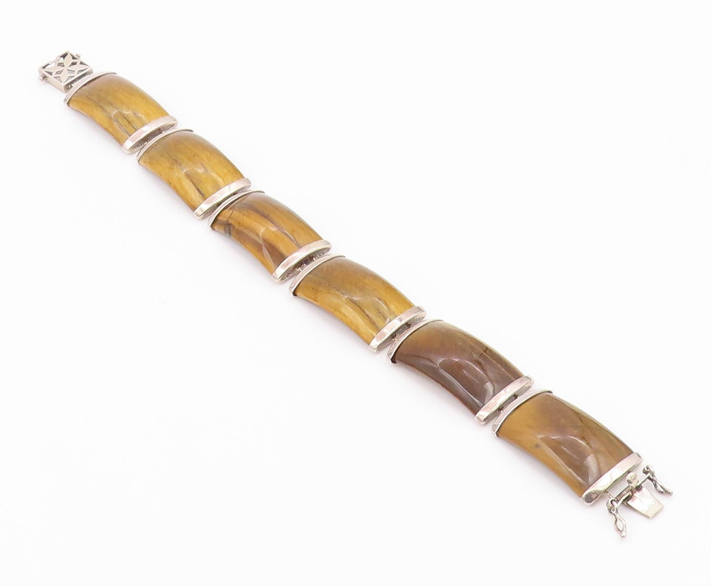 925 Sterling Silver Vintage Bracelet Tiger's Eye Curved Panel Link  BT12182