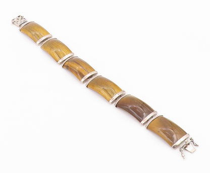 925 Sterling Silver Vintage Bracelet Tiger's Eye Curved Panel Link  BT12182