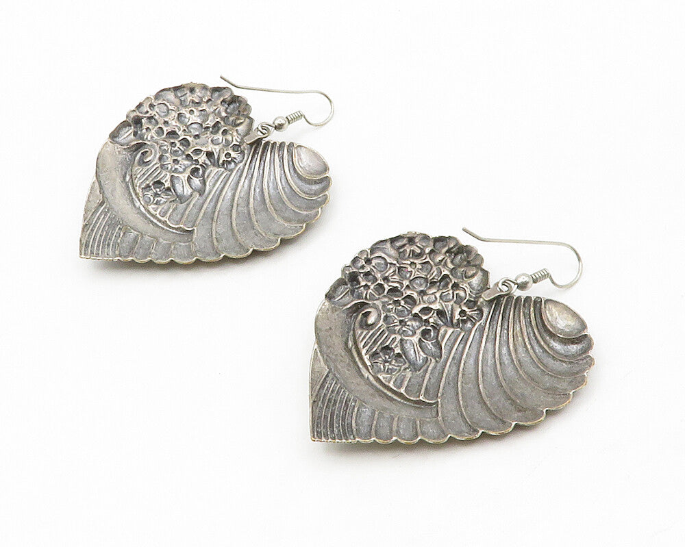 925 Sterling Silver  Vintage Floral Love Heart Oxidized Dangle Earrings EG7041