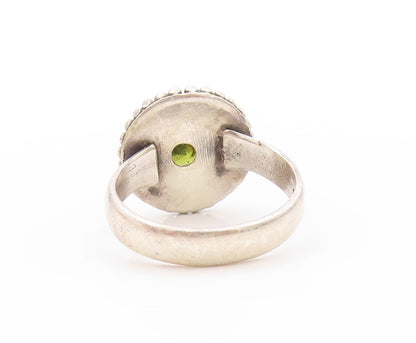 925 Sterling Silver Vintage Ring Round Peridot Halo Grooved Rings  Sz 7  RG32932