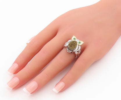 925 Sterling Silver Vintage Ring Drusy Quartz & CZ Eyed Owl  Sz 5.5  RG32621