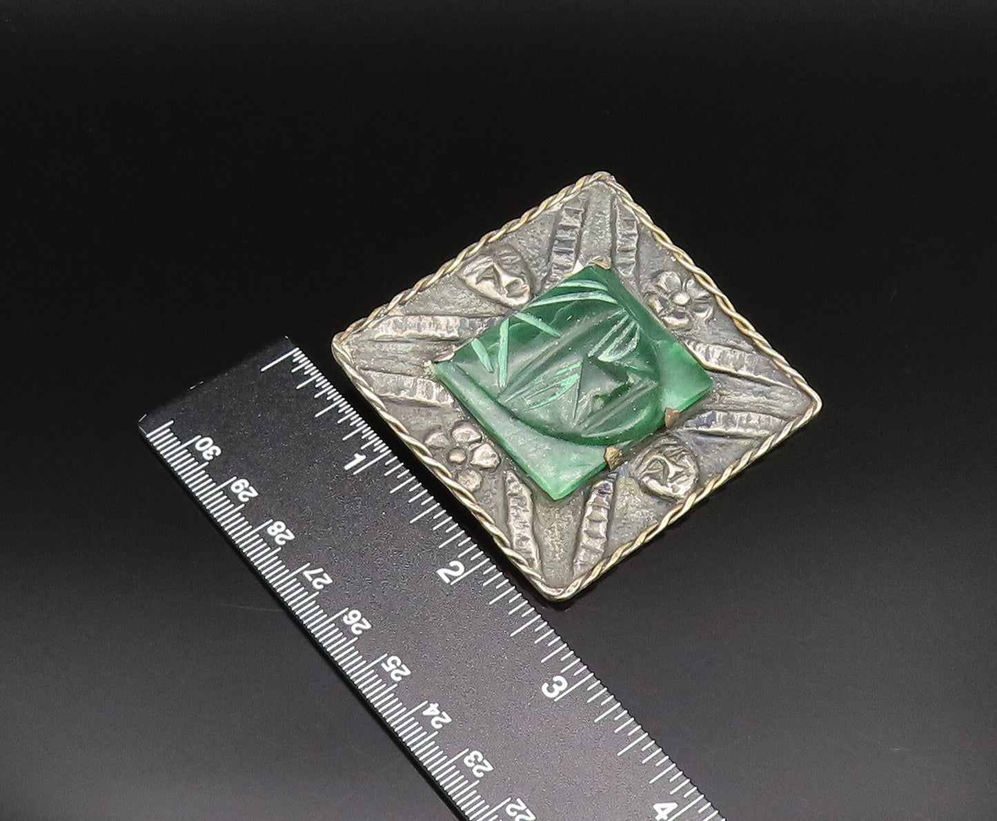 925 Silver  Vintage Antique Carved Malachite Theater Mask Brooch Pin  BP9777