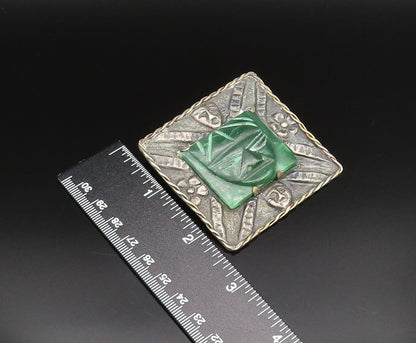 925 Silver  Vintage Antique Carved Malachite Theater Mask Brooch Pin  BP9777