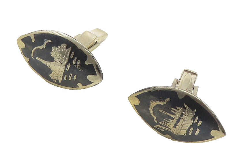 SIAM 925 Sterling Silver  Vintage Black Enamel Dragon Boat Cuff Links  TR1747