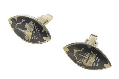 SIAM 925 Sterling Silver  Vintage Black Enamel Dragon Boat Cuff Links  TR1747