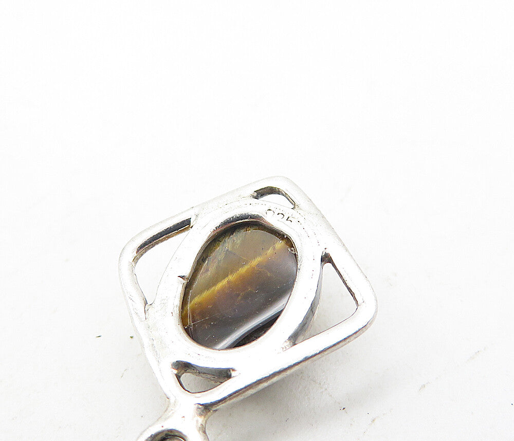 925 Sterling Silver  Cabochon Cut Tiger's Eye Square Drop Earrings  EG3828