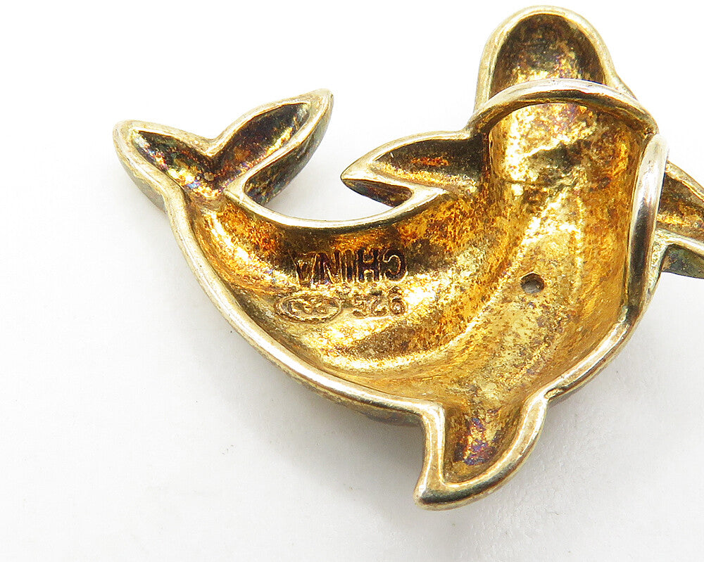 925 Silver  Vintage Genuine Diamond Gold Plated Dolphin Pendant  PT14433