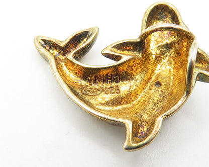 925 Silver  Vintage Genuine Diamond Gold Plated Dolphin Pendant  PT14433