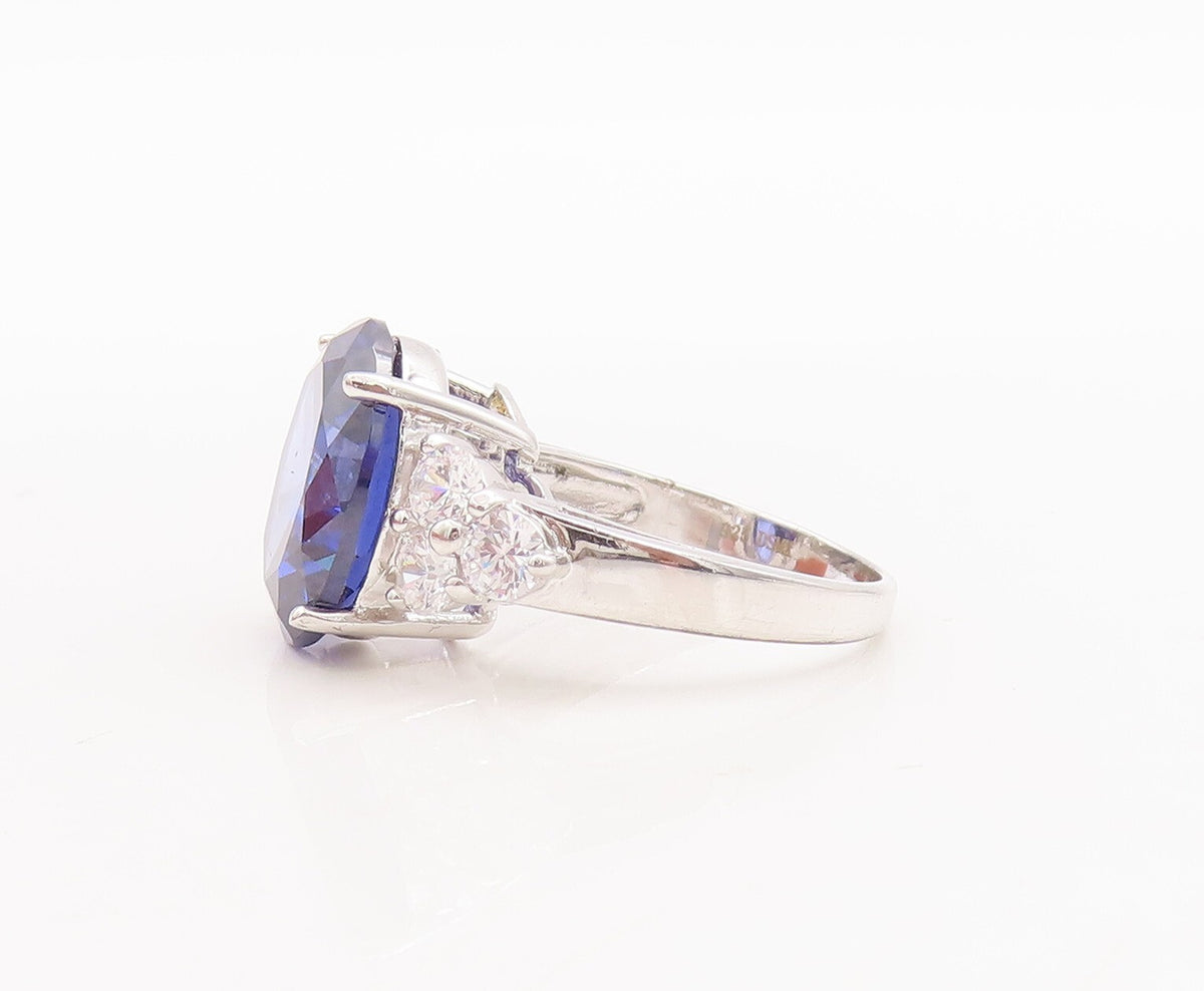 925 Sterling Silver Vintage Ring Round Cut Blue & White CZ  Sz 7  RG29693