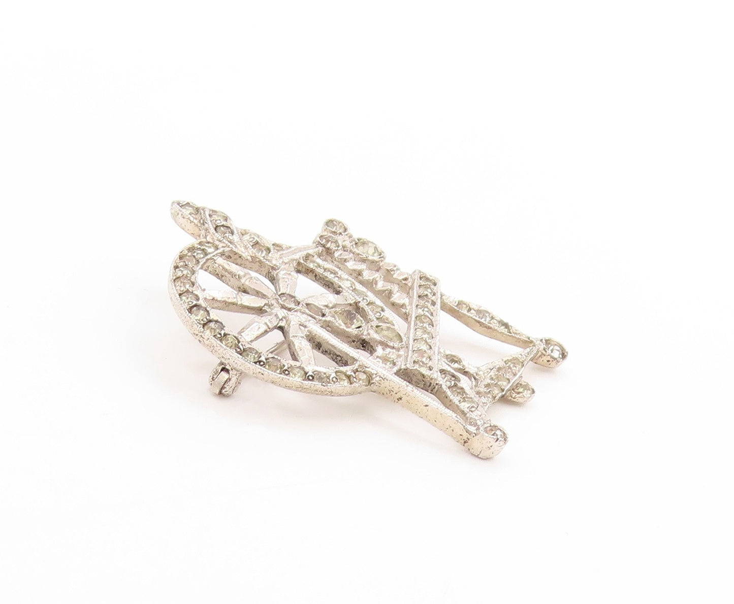 925 Sterling Silver Vintage Brooch Sparkling CZ Spinning Wheel Design  BP11948