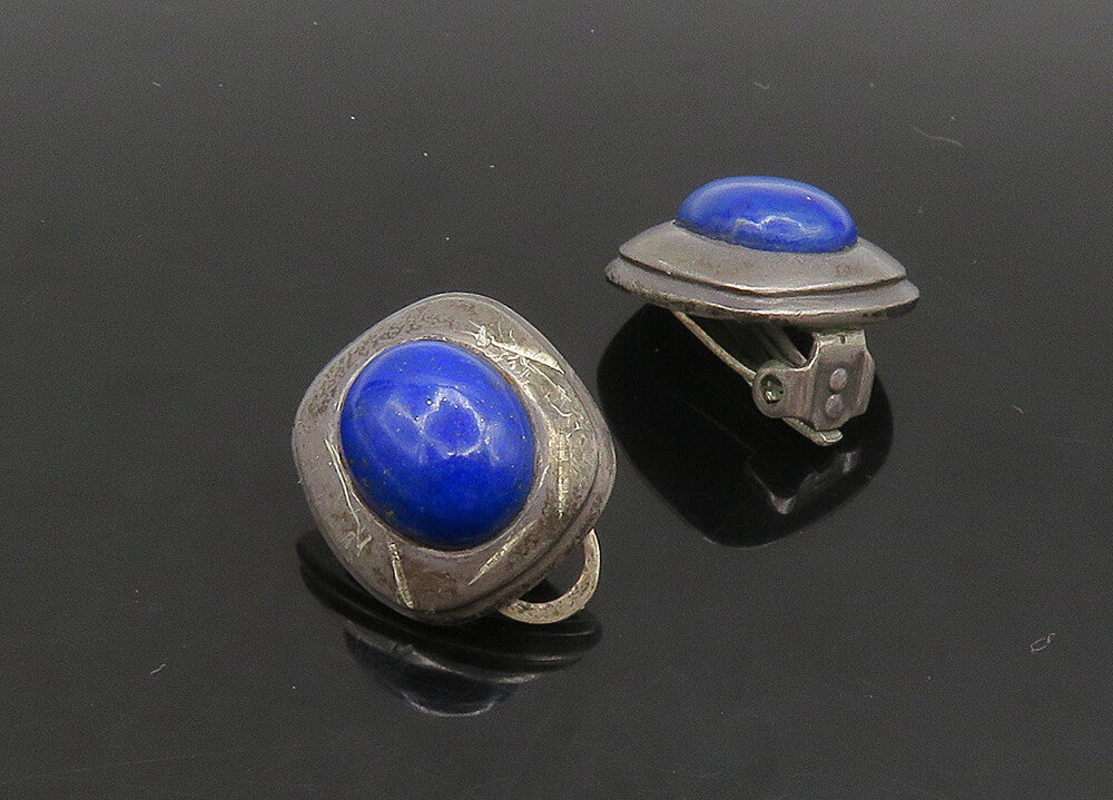 EUROPEAN 925 Silver  Vintage Cabochon Lapis Lazuli Non Pierce Earrings EG11423