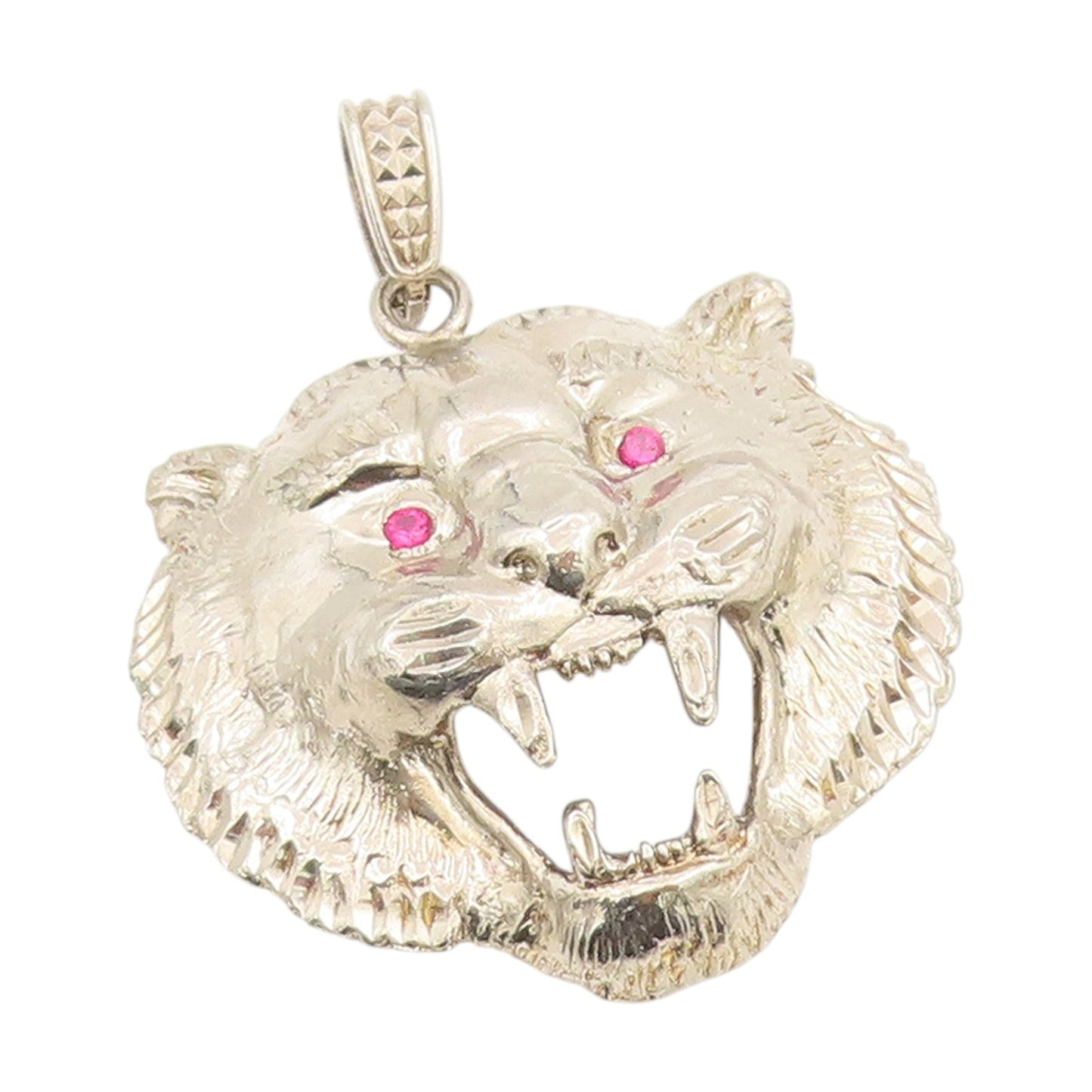 925 Sterling Silver Vintage Pendant Red Eyes CZ Roaring Wild Tiger Head PT25299