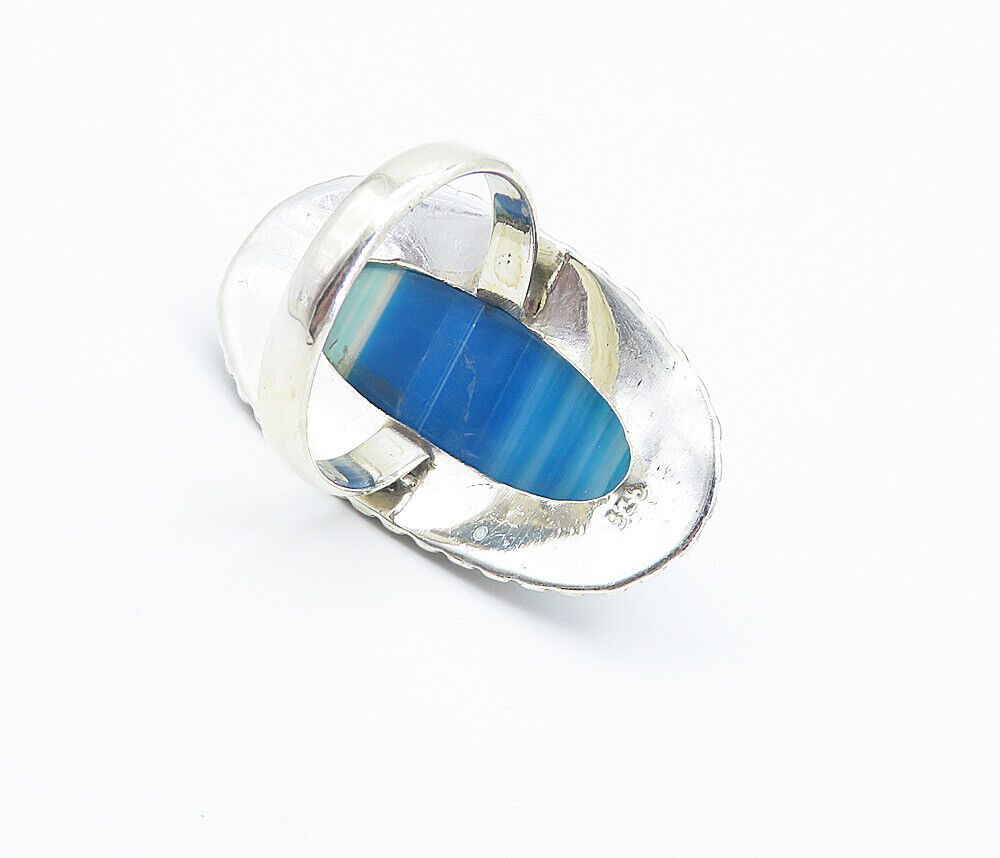 925 Sterling Silver  Blue Agate Shiny Circle Border Cocktail Ring Sz 10 RG8428