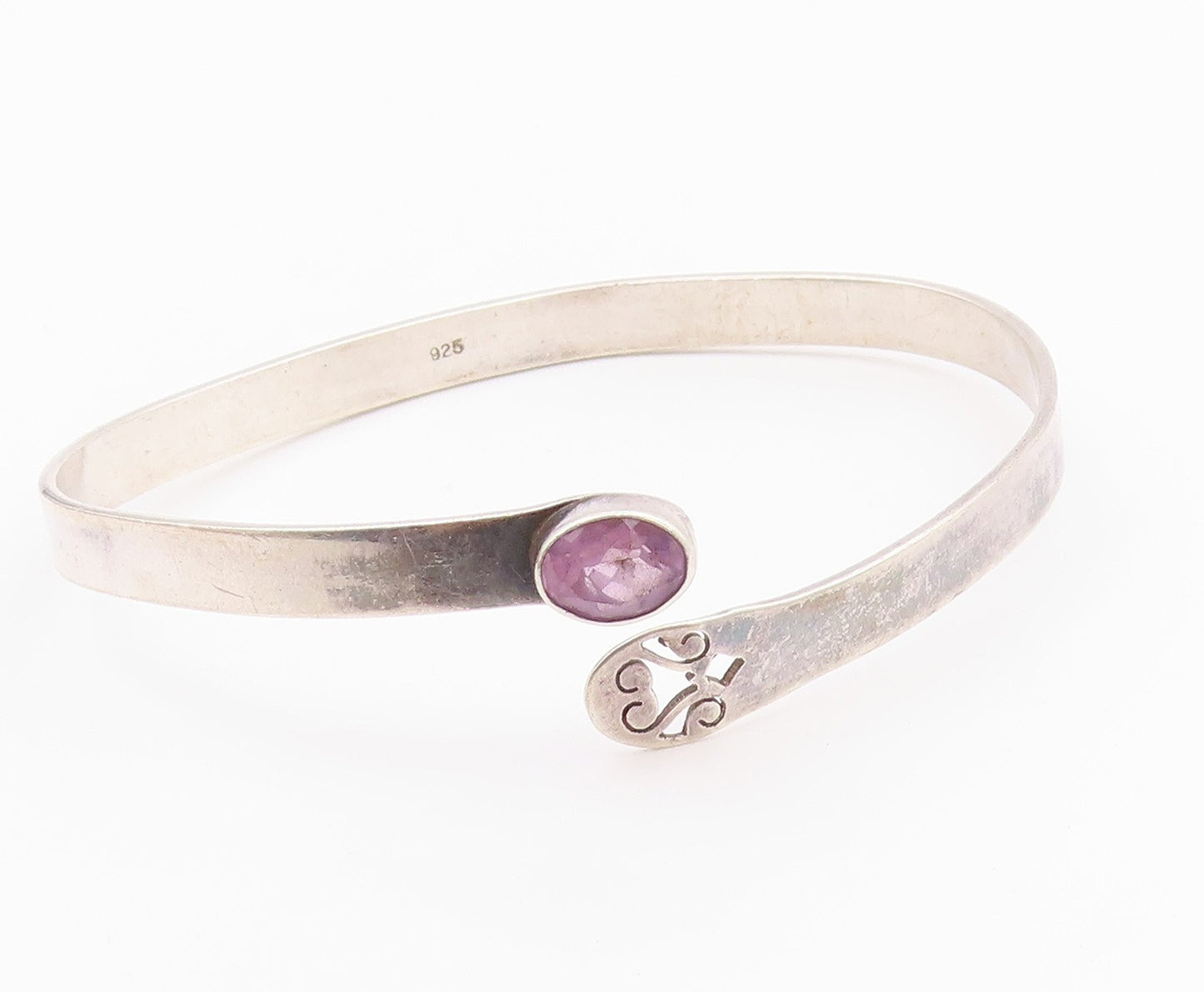 925 Sterling Silver  Vintage Amethyst Cutout Bypass Cuff Bracelet  BT8767