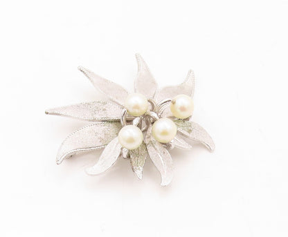 925 Sterling Silver Vintage Brooch Pin Designer Pearl Cutout Flower  BP11270