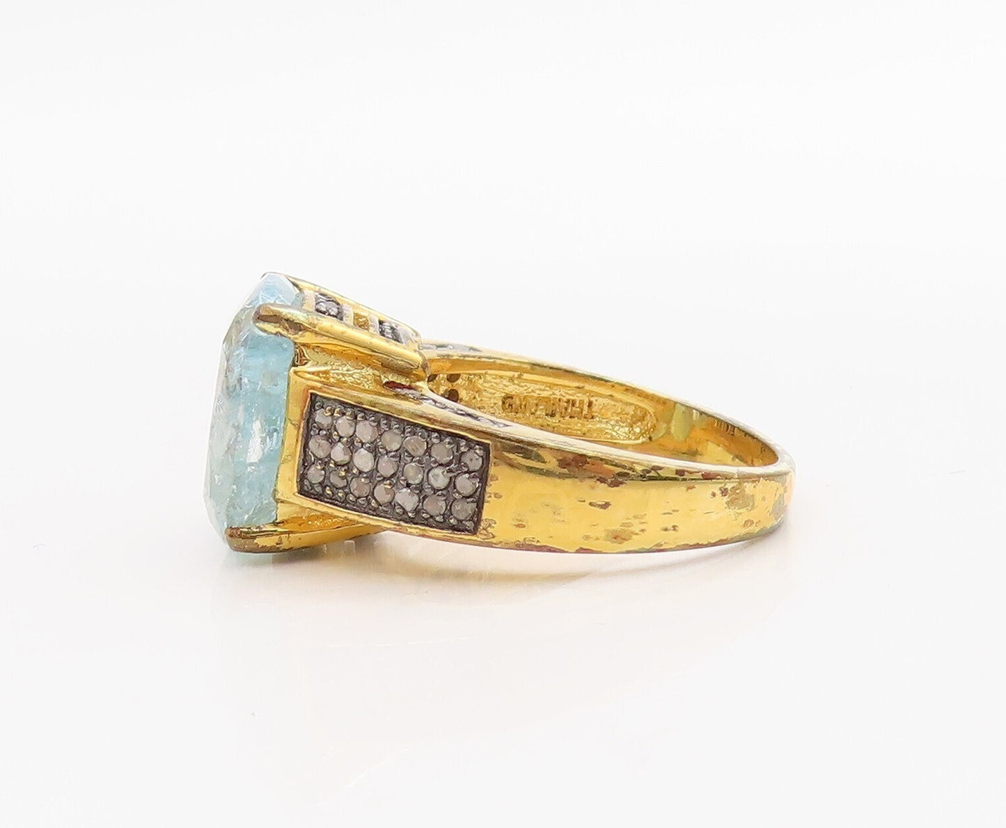 925 Sterling Silver Vintage Ring Gold Plated Diamonds Blue Topaz Sz 8.5 RG30957