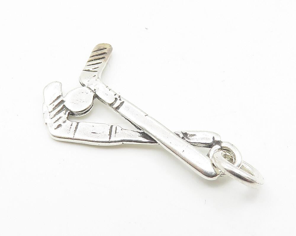 925 Sterling Silver  Vintage Petite Shiny Hockey Sticks & Puck Pendant  PT8448