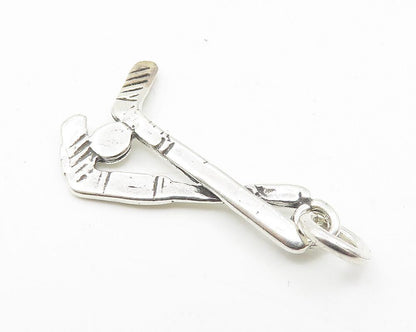 925 Sterling Silver  Vintage Petite Shiny Hockey Sticks & Puck Pendant  PT8448