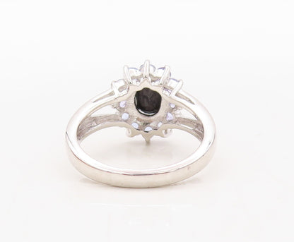 925 Sterling Silver Vintage Ring Oval Onyx Halo Tanzanite Inlay  Sz 7 RG31121