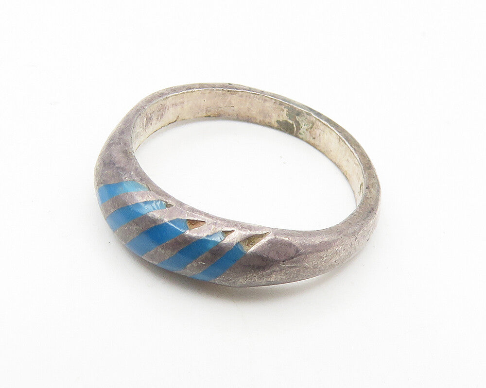 MEXICO 925 Silver  Vintage Inlaid Turquoise Striped Band Ring Sz 4.5  RG10778