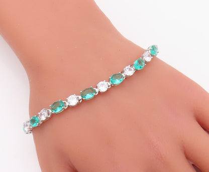 925 Sterling Silver Vintage Bracelet Oval Cut Sea Green & White Topaz  BT10880