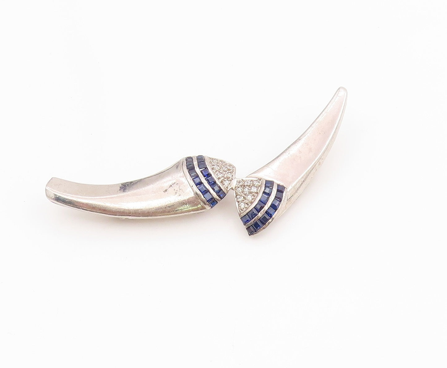 925 Sterling Silver Vintage Brooch Pin Real Diamonds & Sapphire Curves  BP12192