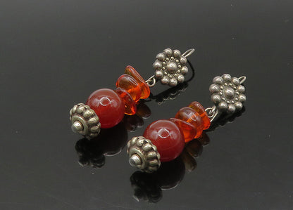 925 Sterling Silver  Vintage Amber Dark Tone Floral Dangle Earrings  EG10843