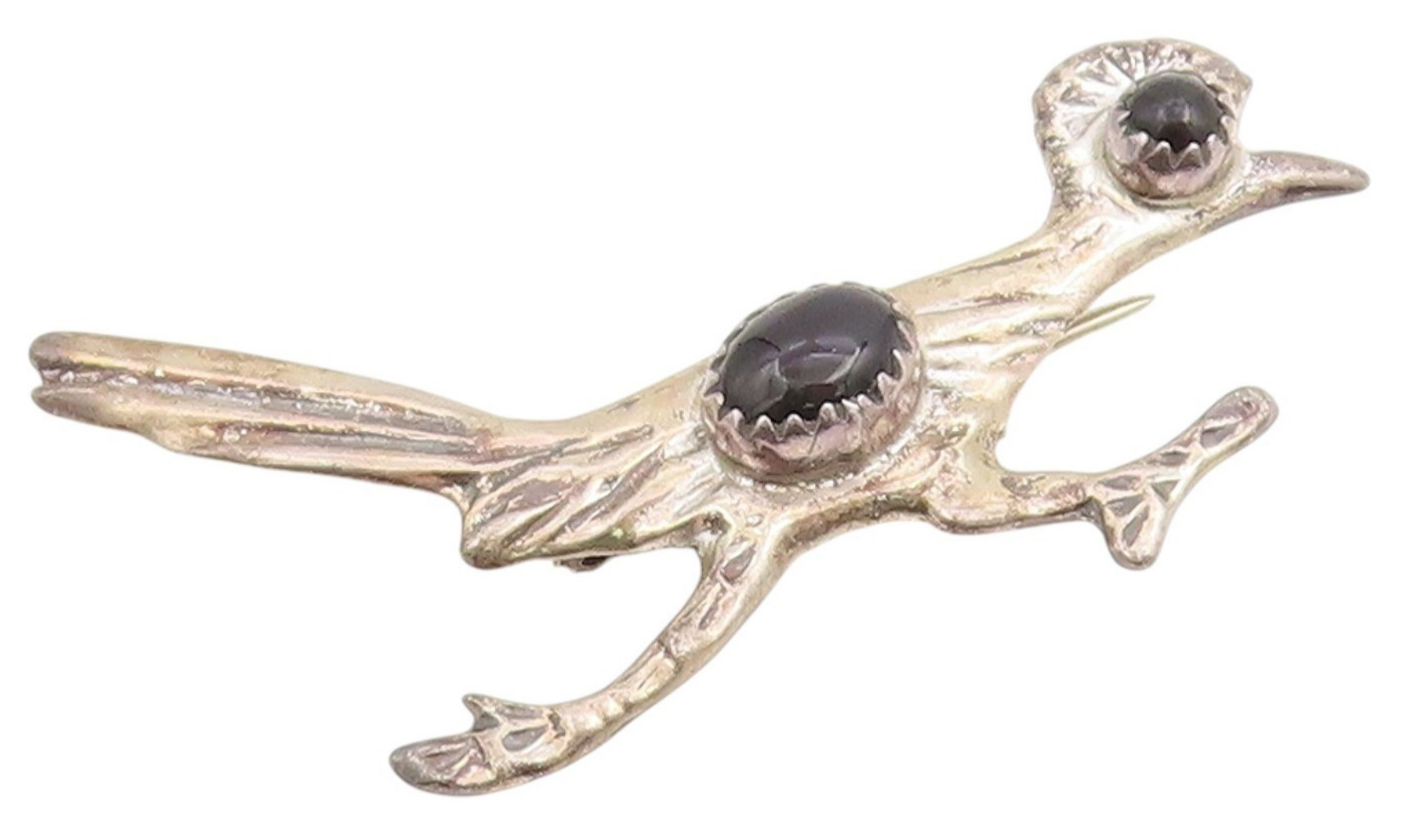 925 Sterling Silver Vintage Brooch Pin NAVAJO Cabochon Onyx Roadrunner  BP12292