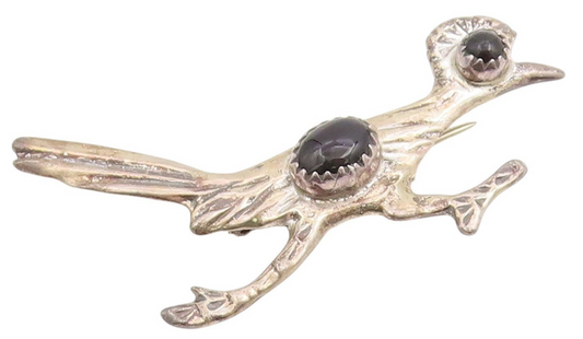 925 Sterling Silver Vintage Brooch Pin NAVAJO Cabochon Onyx Roadrunner  BP12292