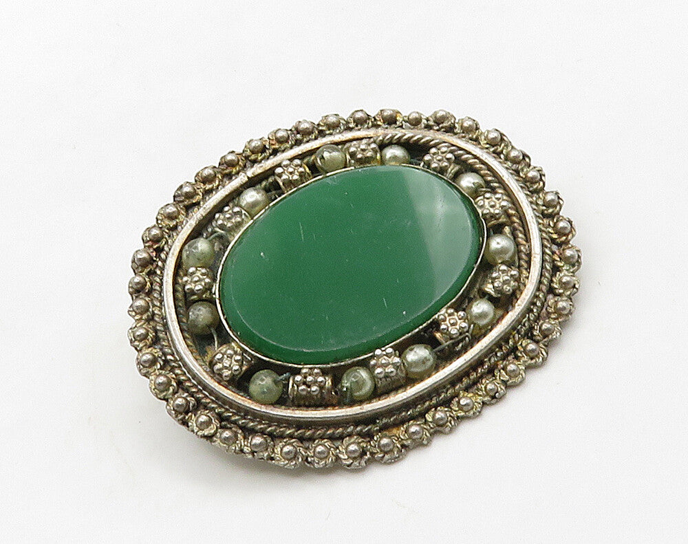 ISRAEL 925 Sterling Silver  Vintage Green Carnelian Floral Brooch Pin  BP6371