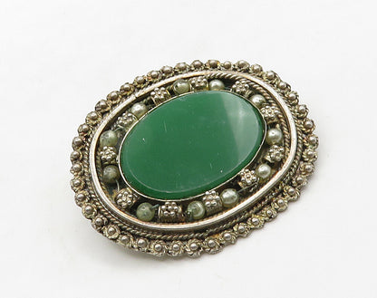 ISRAEL 925 Sterling Silver  Vintage Green Carnelian Floral Brooch Pin  BP6371