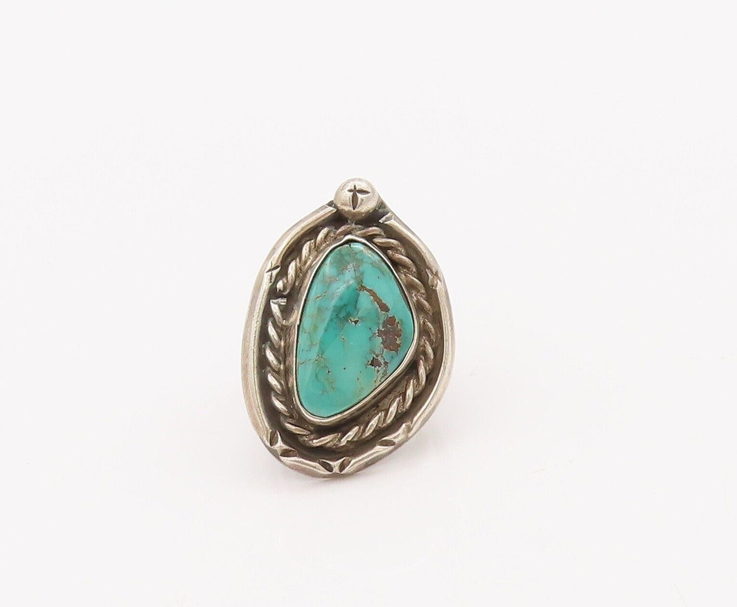 925 Sterling Silver Vintage Ring NAVAJO Turquoise Roped Carved  Sz 4.5  RG28384