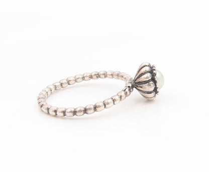 925 Sterling Silver Vintage Ring Elegant Pearl Halo Beaded Band  Sz 8  RG36044