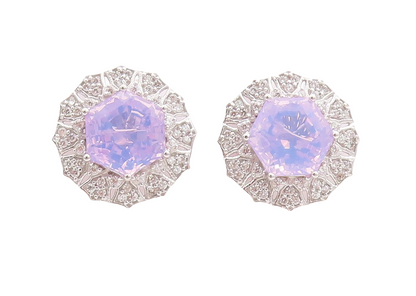 925 Sterling Silver Vintage Earrings Purple & White CZ Floral Inlay  EG13247