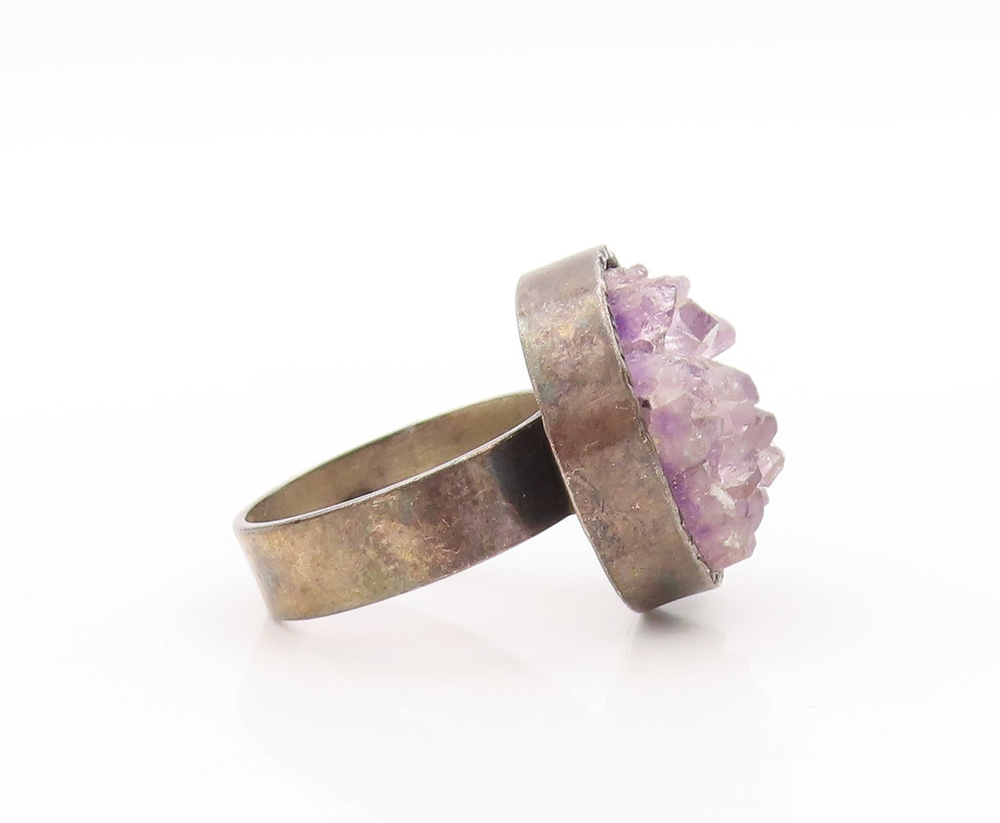925 Sterling Silver Vintage Ring Dark Tone Round Rough Amethyst  Sz 7  RG32737
