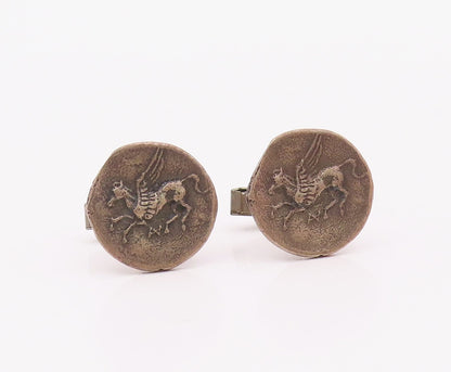 925 Sterling Silver  Vintage Rustic Flying Horse Round Cufflinks  TR2764