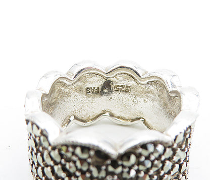 925 Sterling Silver  Marcasite Decorated Shiny Wavy Band Ring Sz 8.5  RG5258