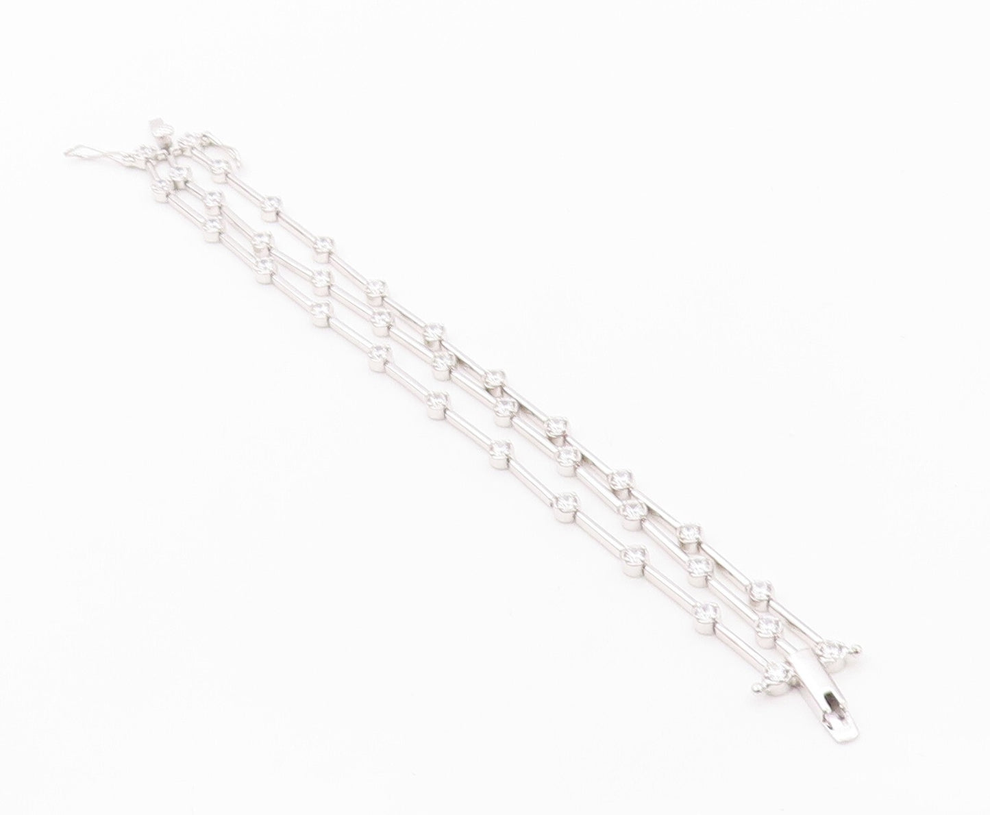 925 Sterling Silver Vintage Bracelet Round CZ & Stick Three Bands  BT11149