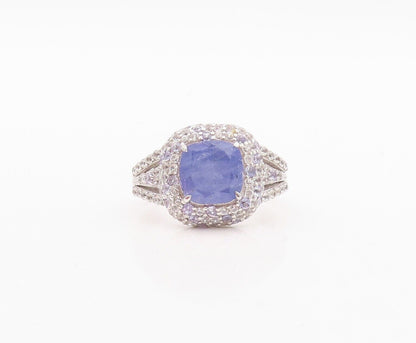 925 Sterling Silver Vintage Ring Square Tanzanite & Topaz Inlay Sz 7.5  RG30056